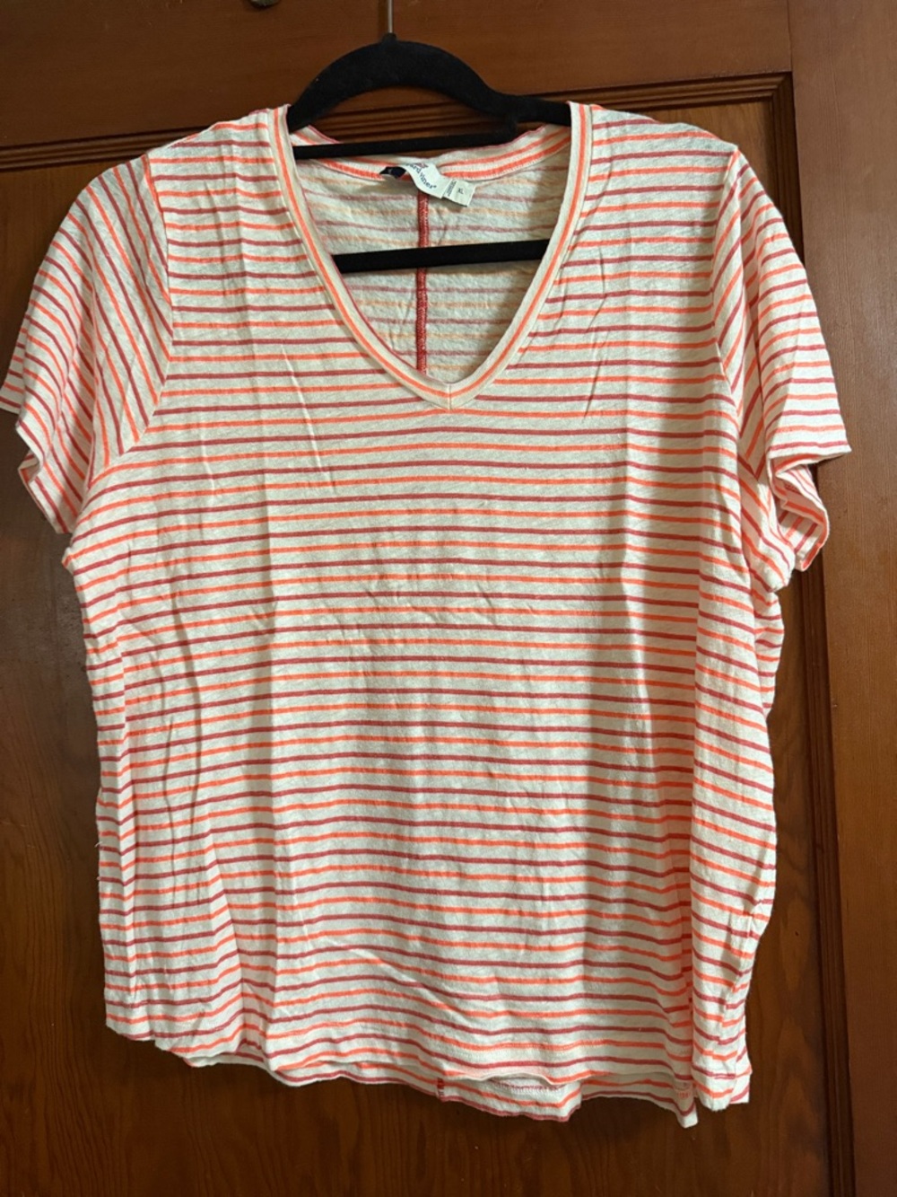 Vineyard Vines Striped V-Neck Tee in Coral and Cream
